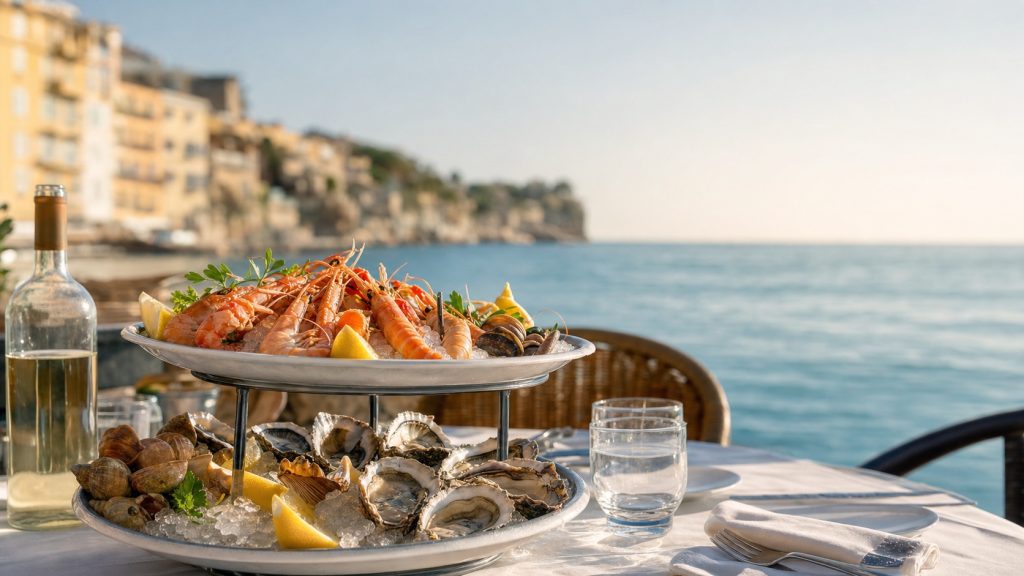 Plateau de fruits de mer servi sur une terrasse méditerranéenne à Nice, avec vue sur la mer