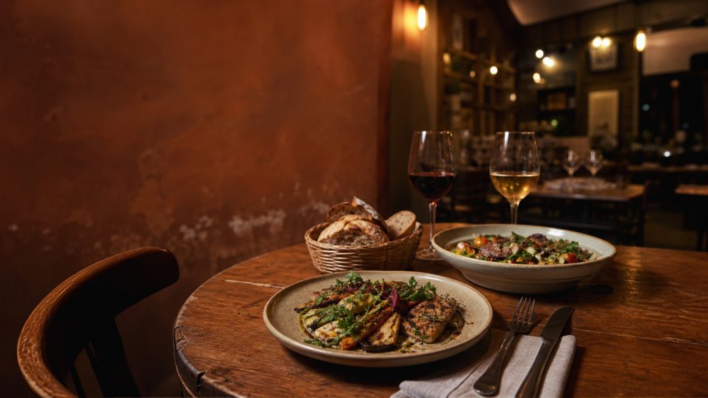 Table chaleureuse d’un restaurant contemporain à Toulouse avec assiettes raffinées, pain artisanal et verres de vin accessibles.