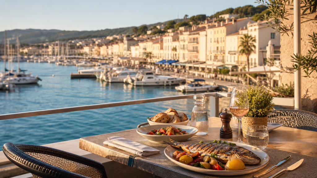 Terrasse d’un restaurant méditerranéen à Bandol avec assiettes de poisson, rosé et vue sur le port et la mer.