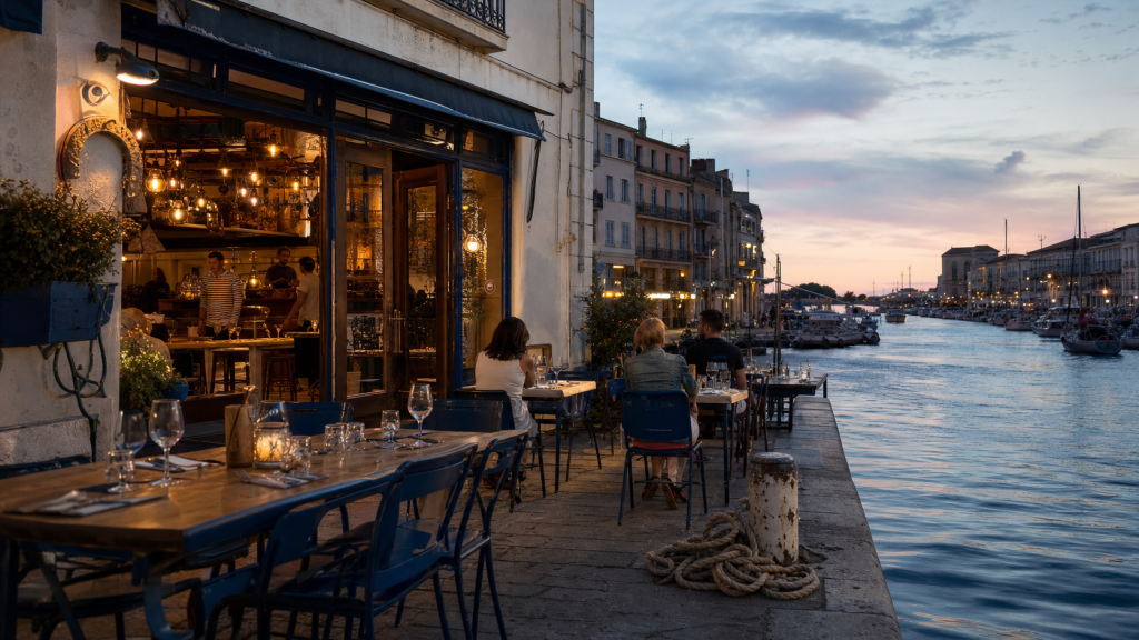 Façade d’un restaurant méditerranéen près des canaux de Sète au crépuscule