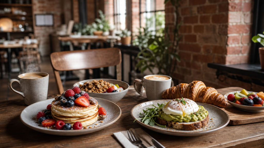 Table de brunch gourmande dans un café chaleureux de Lille, avec pancakes aux fruits rouges, œuf poché sur toast à l’avocat, viennoiserie et cafés.