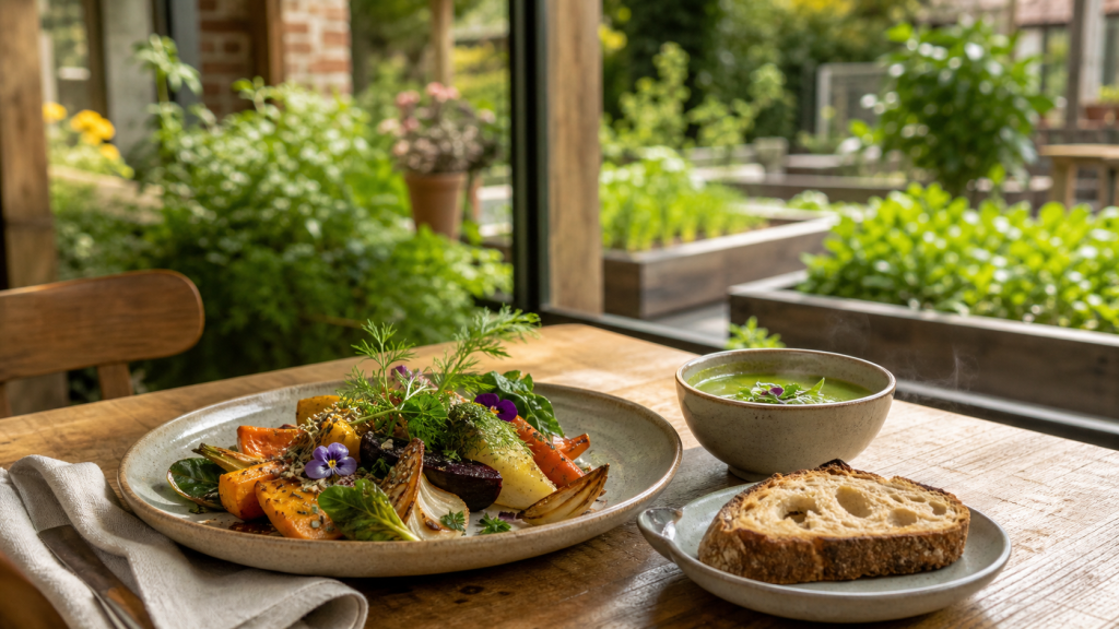Table de restaurant lumineuse avec assiette de légumes de saison, herbes fraîches et jardin potager en arrière-plan pour La Cuisine du Jardin à Hem
