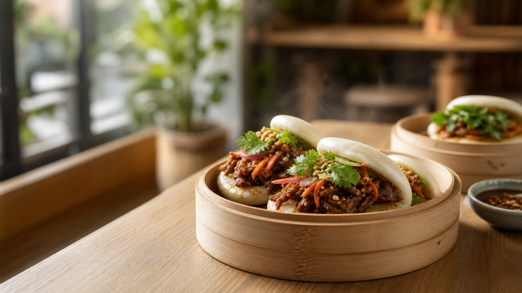 Baos vapeur garnis de porc laqué, légumes croquants et herbes fraîches dans un panier en bambou, sur une table de restaurant chaleureux à Ancenis.
