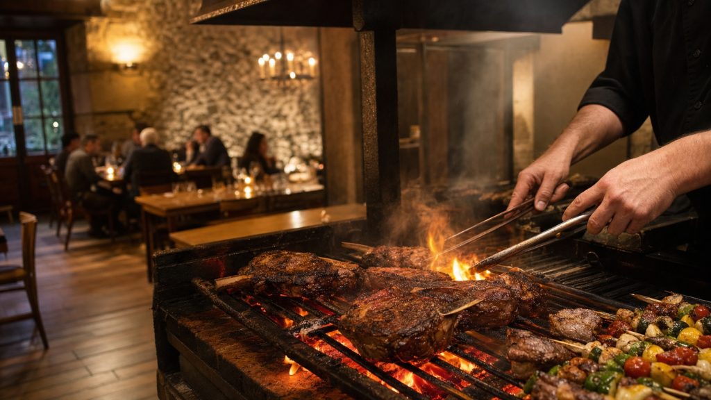 Grillades de bœuf et brochettes cuites au feu de bois dans un restaurant chaleureux de Provins