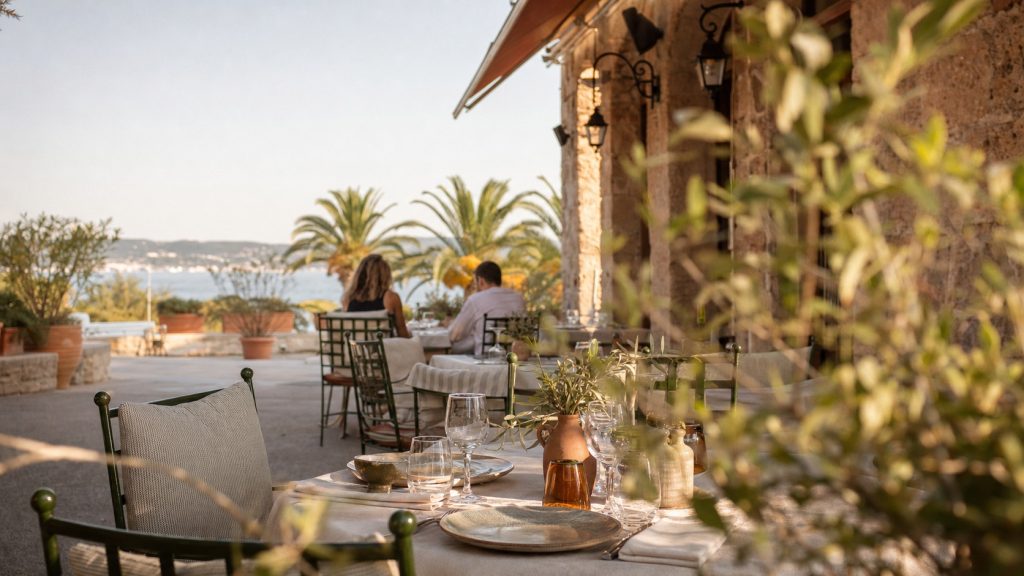 Terrasse de restaurant méditerranéen à Hyères au coucher du soleil, avec tables dressées, palmiers et vue sur la mer