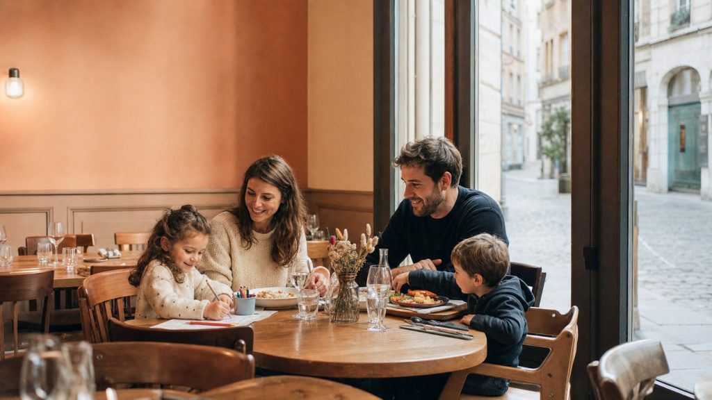 Famille avec deux enfants déjeunant dans un restaurant kids friendly chaleureux à Lyon