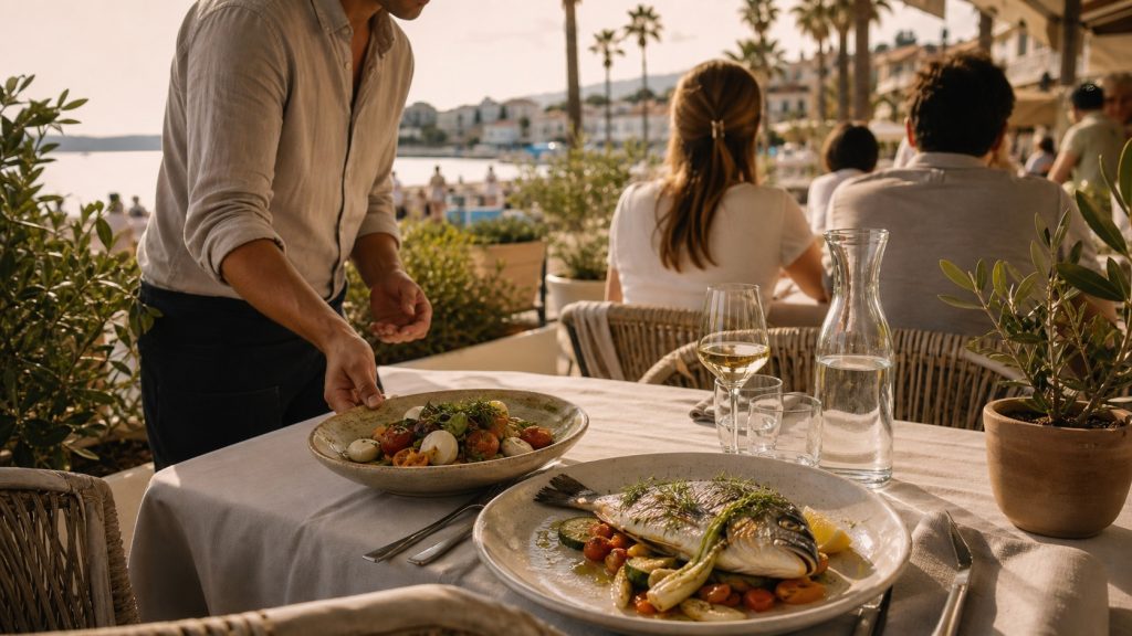 Terrasse de restaurant méditerranéen au Mourillon avec poisson grillé et vue sur le front de mer.