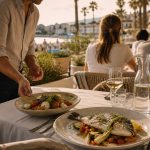 Terrasse de restaurant méditerranéen au Mourillon avec poisson grillé et vue sur le front de mer.