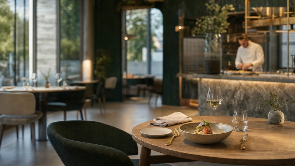 Salle élégante d’un restaurant gastronomique à Nantes, avec plat raffiné, table dressée et chef en cuisine ouverte.