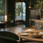 Salle élégante d’un restaurant gastronomique à Nantes, avec plat raffiné, table dressée et chef en cuisine ouverte.