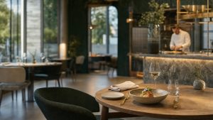 Salle élégante d’un restaurant gastronomique à Nantes, avec plat raffiné, table dressée et chef en cuisine ouverte.