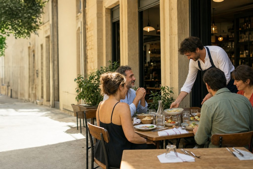 Terrasse d’un restaurant bistronomique chaleureux un dimanche midi, avec un serveur apportant un plat à des clients attablés