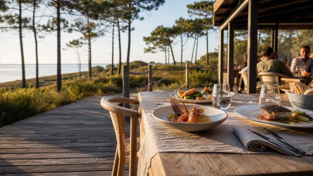 Table élégante sur la terrasse d’un restaurant à Biscarrosse, avec cuisine locale et pins maritimes en arrière-plan