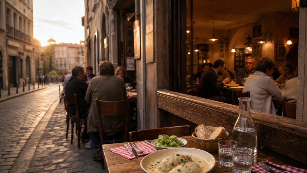 Restaurant lyonnais convivial et abordable au coucher du soleil, avec plat de quenelles, pain et terrasse dans une rue pavée.