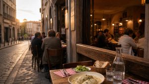 Restaurant lyonnais convivial et abordable au coucher du soleil, avec plat de quenelles, pain et terrasse dans une rue pavée.