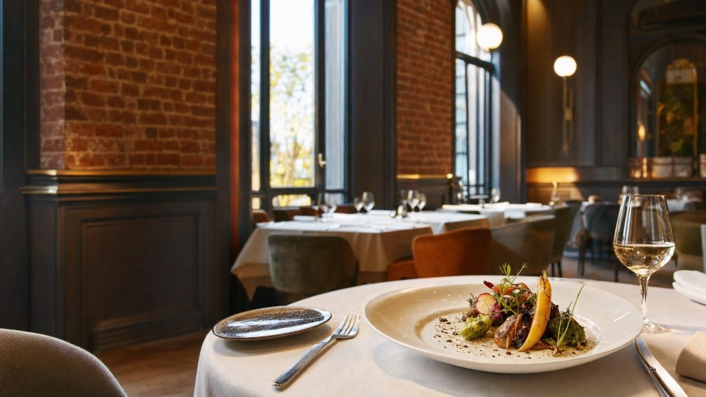 Restaurant gastronomique élégant à Lille avec plat raffiné, tables nappées et murs de briques chaleureuses.