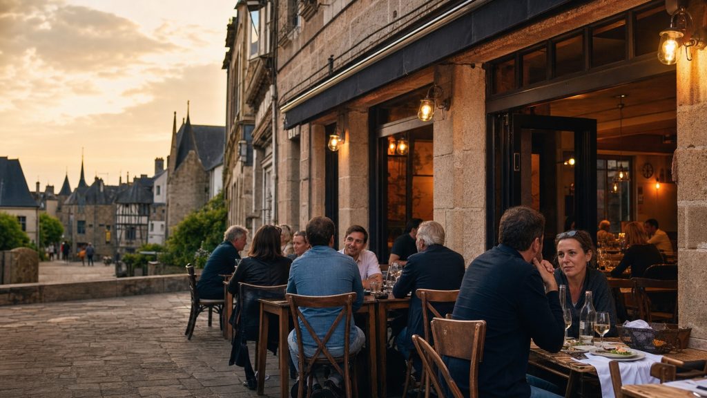 Terrasse de restaurant conviviale dans le centre historique de Vannes au coucher du soleil