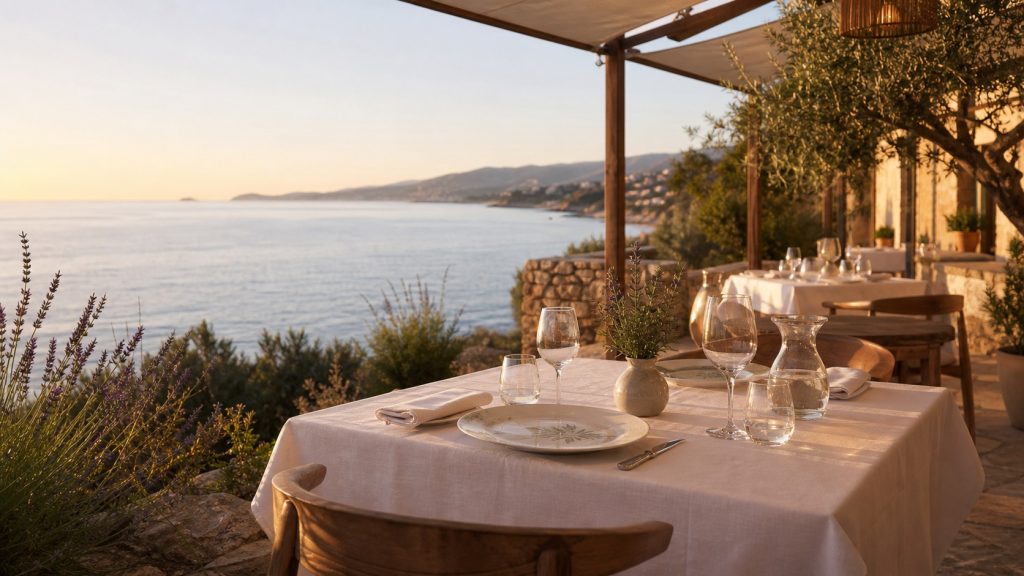 Terrasse de restaurant méditerranéen au Lavandou au coucher du soleil, avec table élégamment dressée face à la mer.