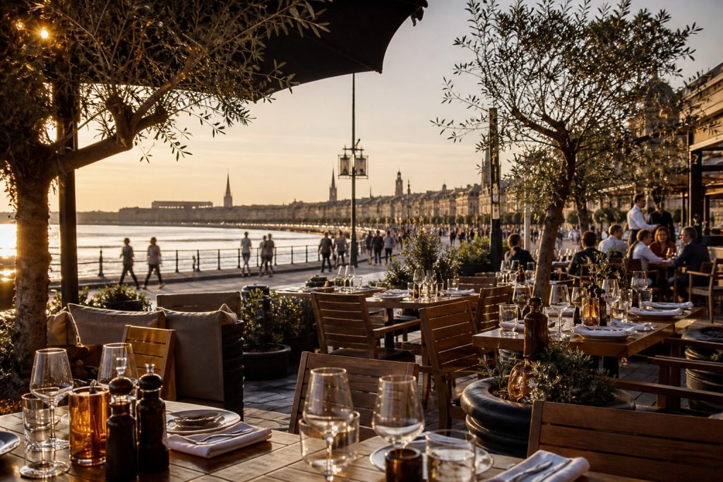 Terrasse de restaurant élégante sur les quais de Bordeaux au coucher du soleil, avec vue sur la Garonne et les façades du centre-ville.